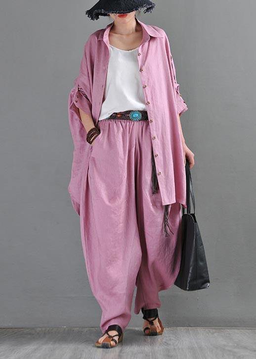 Fitted  Pink Purple side open Cotton Linen Summer Blouse Top - SooLinen