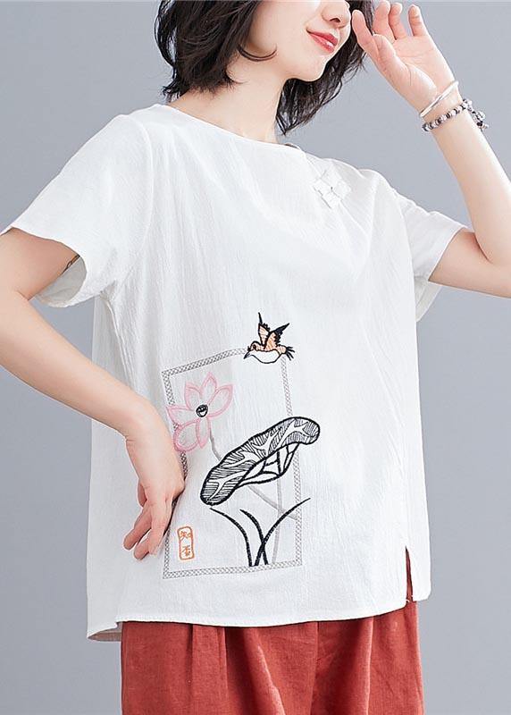 Fitted  White Embroideried Lotus Blouse Tops Summer Cotton Linen - SooLinen