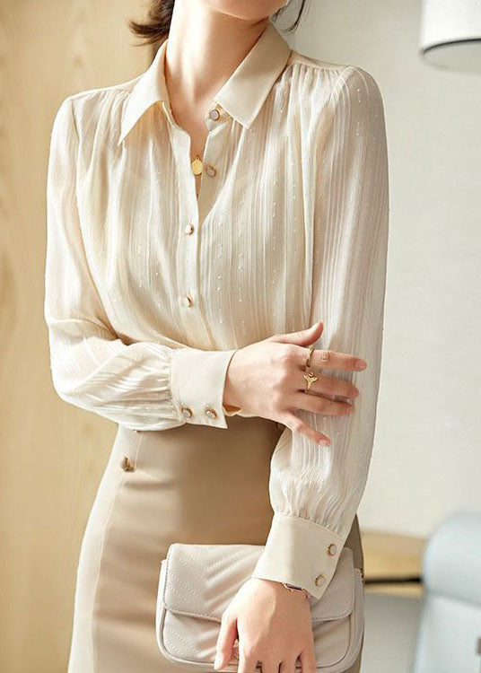 Fitted Apricot Peter Pan Collar Button Patchwork Chiffon Shirts Spring