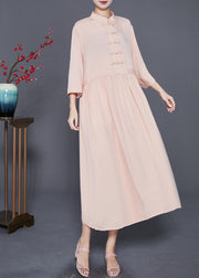 Fitted Apricot Stand Collar Chinese Button Linen Dress Bracelet Sleeve
