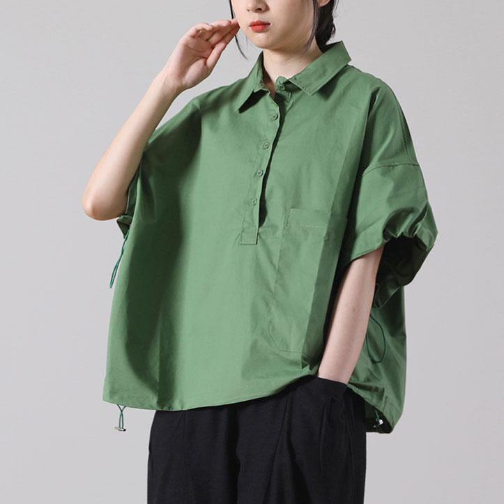 Fitted Army Green Peter Pan Collar Blouse Top Short Sleeve - SooLinen
