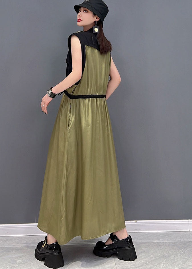 Fitted Army Green Stand Collar Patchwork Pockets Drawstring Chiffon Long Dresses Sleeveless
