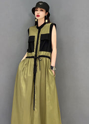 Fitted Army Green Stand Collar Patchwork Pockets Drawstring Chiffon Long Dresses Sleeveless