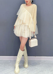 Fitted Beige O-Neck Asymmetrical Tulle Patchwork Knit Tops Fall