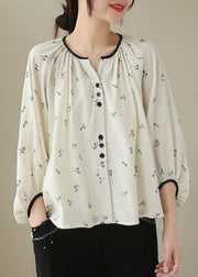 Fitted Beige Oversized Print Cotton Blouses Lantern Sleeve
