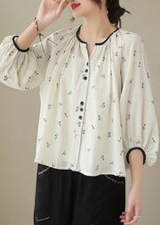 Fitted Beige Oversized Print Cotton Blouses Lantern Sleeve