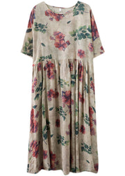 Fitted Beige Oversized Print Exra Large Hem Cotton Holiday Dress Summer