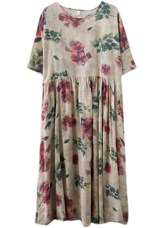 Fitted Beige Oversized Print Exra Large Hem Cotton Holiday Dress Summer