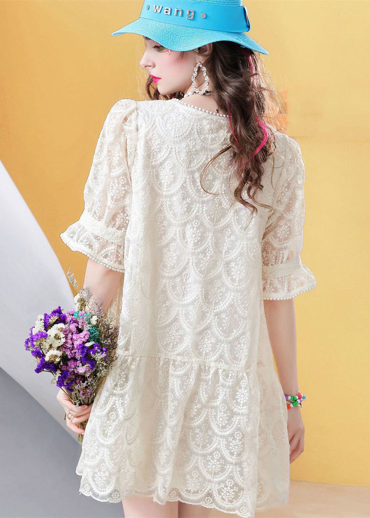 Fitted Beige Square Collar Nail bead Patchwork Lace Mid Dress Petal Sleeve