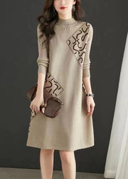 Fitted Beige Stand Collar Zircon Patchwork Knit Dress Fall