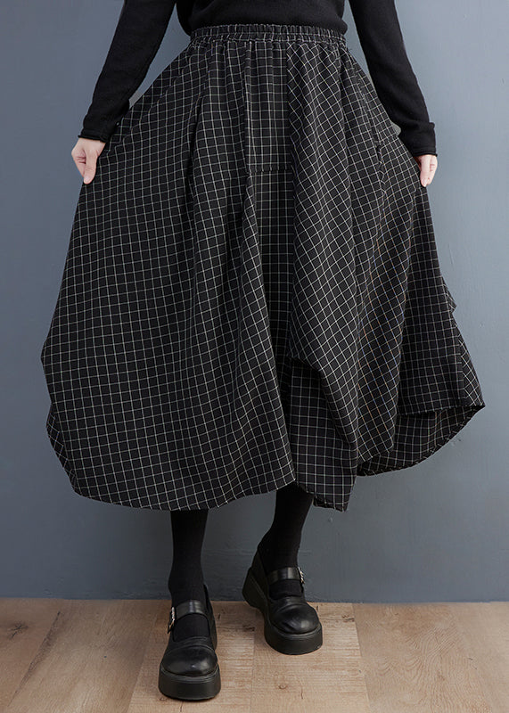 Fitted Black Asymmetrical Design Plaid Cotton Skirts Summer