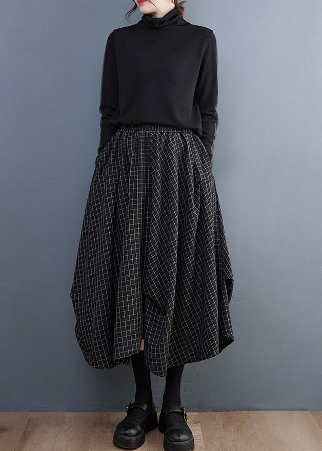 Fitted Black Asymmetrical Design Plaid Cotton Skirts Summer