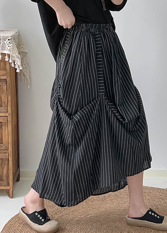 Fitted Black Asymmetrical Striped Cotton Skirts Summer