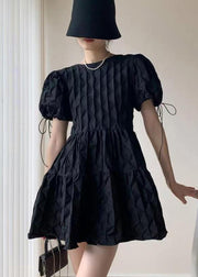Fitted Black Backless Patchwork Cotton Mid Dress Puff Sleeve