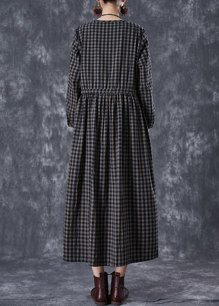 Fitted Black Cinched Plaid Linen Holiday Dress Fall