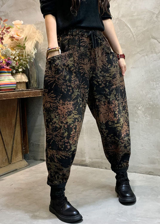 Fitted Black Cinched fashion Print denim Pants Winter