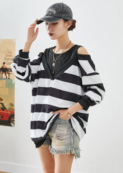 Fitted Black Cold Shoulder Patchwork Striped Cotton Sweatshirt Fall