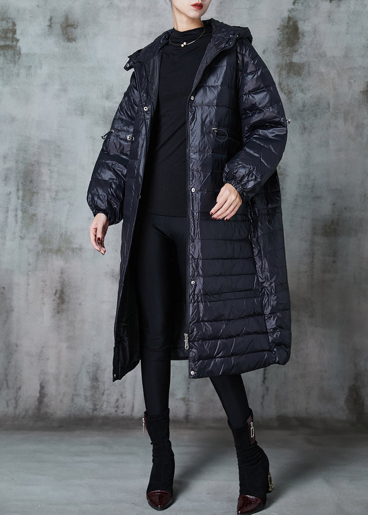Fitted Black Drawstring Patchwork Duck Down Puffer Jacket Winter