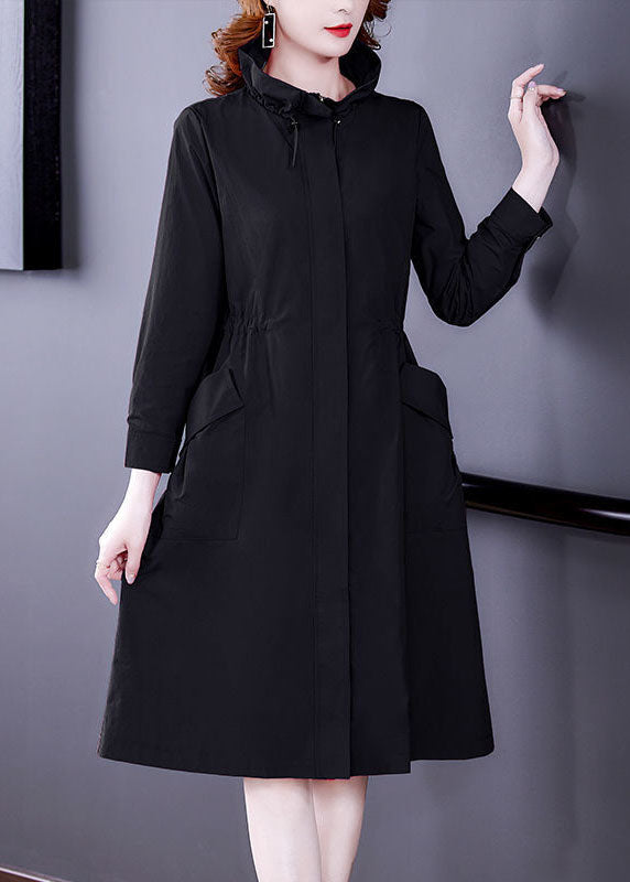 Fitted Black Drawstring Zip Up Pockets Silk Coat Long Sleeve