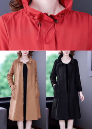 Fitted Black Drawstring Zip Up Pockets Silk Coat Long Sleeve