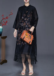 Fitted Black Embroidered Tasseled Linen Silk Ankle Dress Fall
