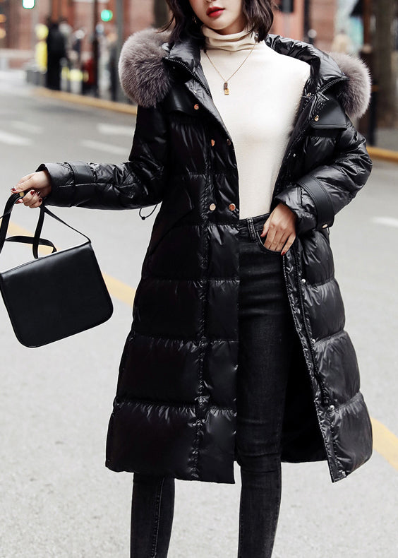 Fitted Black Fox Collar Drawstring Patchwork Zippered Long Duck Down Down Coats Winter