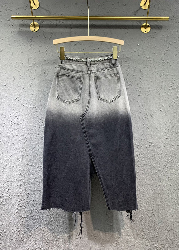 Fitted Black Grey Gradient Asymmetrical Pockets Patchwork Denim Skirts Fall