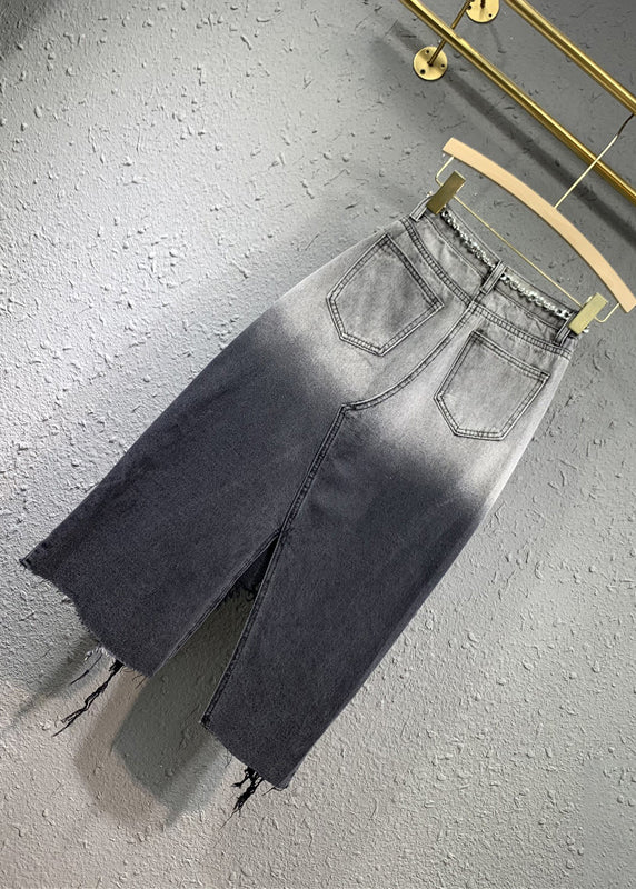 Fitted Black Grey Gradient Asymmetrical Pockets Patchwork Denim Skirts Fall