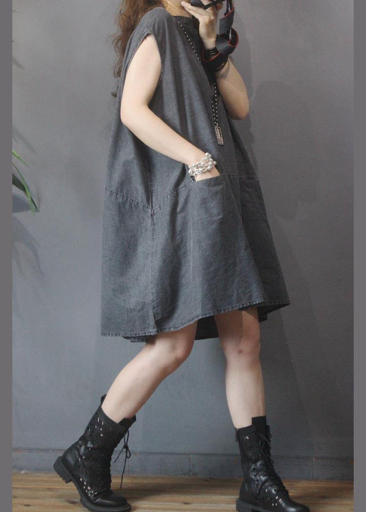 Fitted Black Grey O-Neck low high design Summer Denim Mid Dress - SooLinen