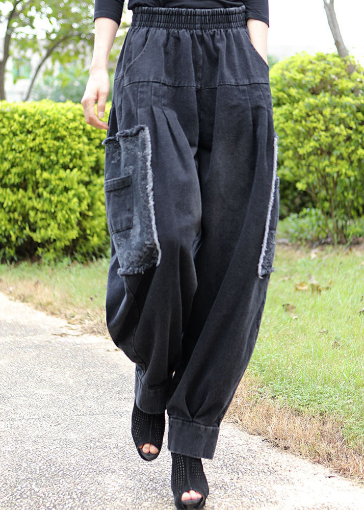 Fitted Black Grey Pockets Patchwork Jeans Winter Pants Trousers
