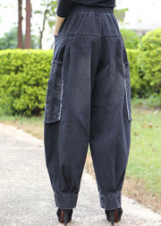 Fitted Black Grey Pockets Patchwork Jeans Winter Pants Trousers