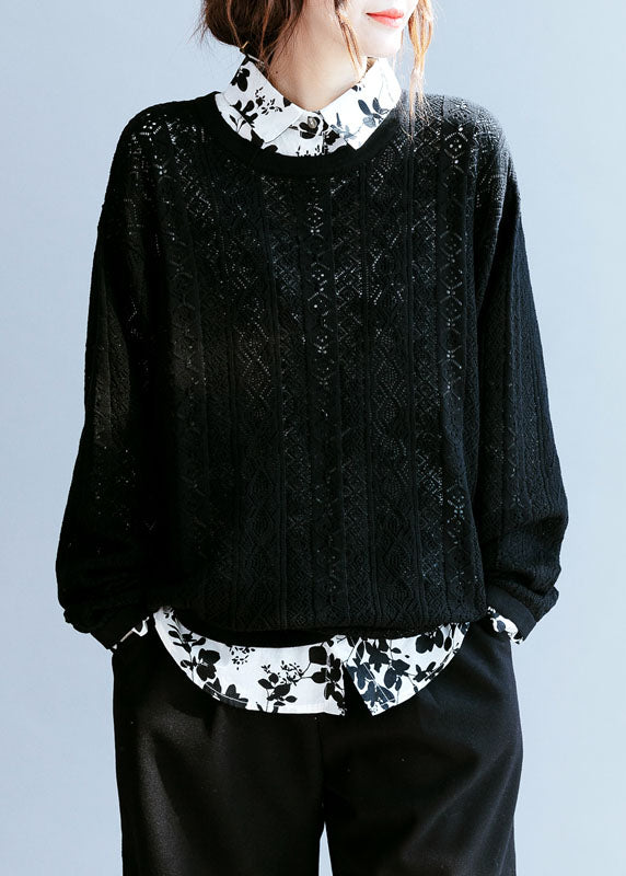 Fitted Black Loose Hollow Out Knit Sweaters Spring
