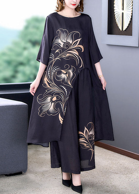 Fitted Black O-Neck Asymmetrical Print Patchwork Silk Two Pieces Set Summer