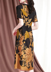 Fitted Black O-Neck Floral Print Side Open Silk Dress Short Sleeve