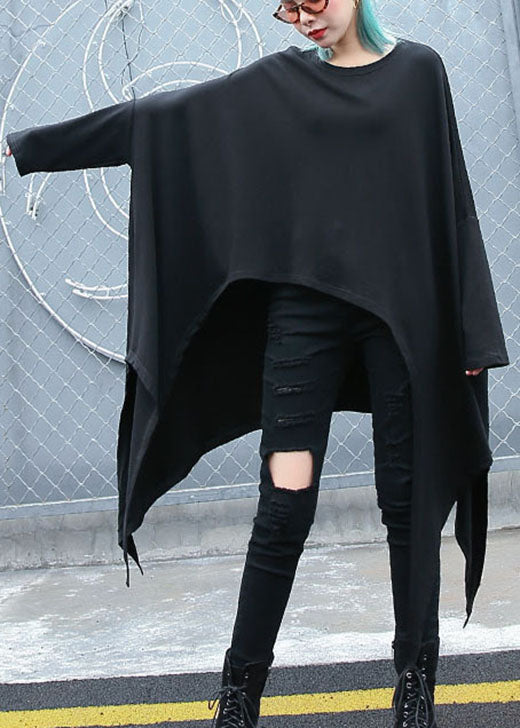 Tailliertes, schwarzes, asymmetrisches Design mit O-Ausschnitt, locker fallendes Langarm-Top