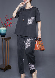 Fitted Black Oversized Feather Print Cotton Women Sets 2 Pieces Summer