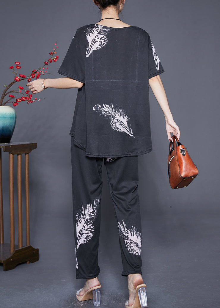 Fitted Black Oversized Feather Print Cotton Women Sets 2 Pieces Summer