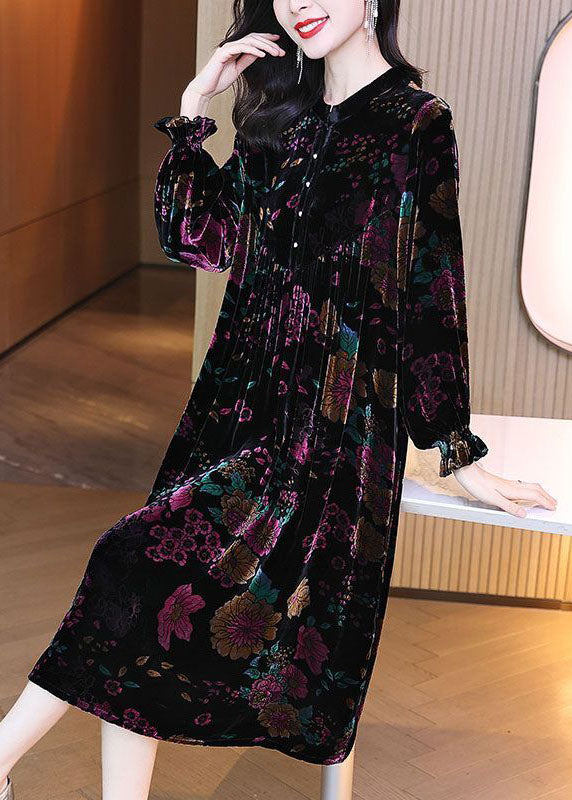 Fitted Black Oversized Patchwork Print Wrinkled Silk Velour Long Dress Spring