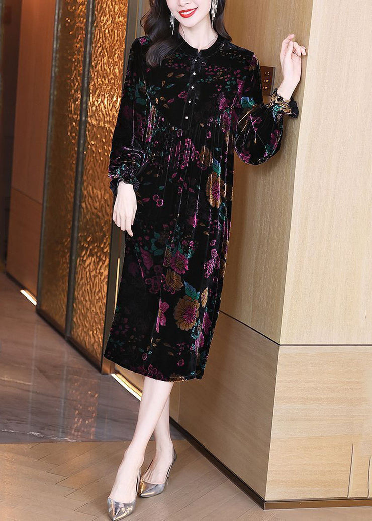 Fitted Black Oversized Patchwork Print Wrinkled Silk Velour Long Dress Spring