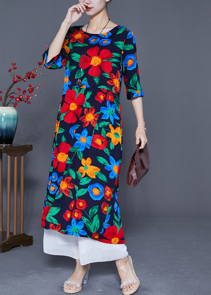 Fitted Black Oversized Print Cotton Long Dress Half Sleeve