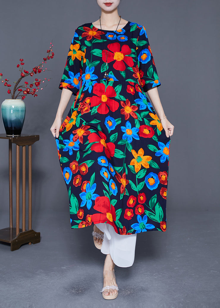 Fitted Black Oversized Print Cotton Long Dress Half Sleeve