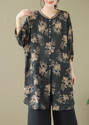 Fitted Black Oversized Print Linen Shirt Dress Lantern Sleeve