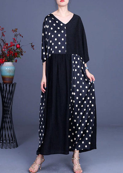 Fitted Black Patchwork Dot V Neck Silk Ankle Dress Summer - SooLinen
