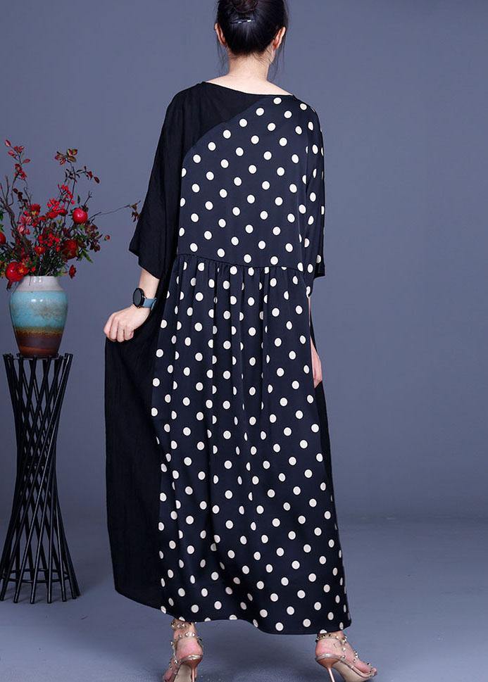 Fitted Black Patchwork Dot V Neck Silk Ankle Dress Summer - SooLinen