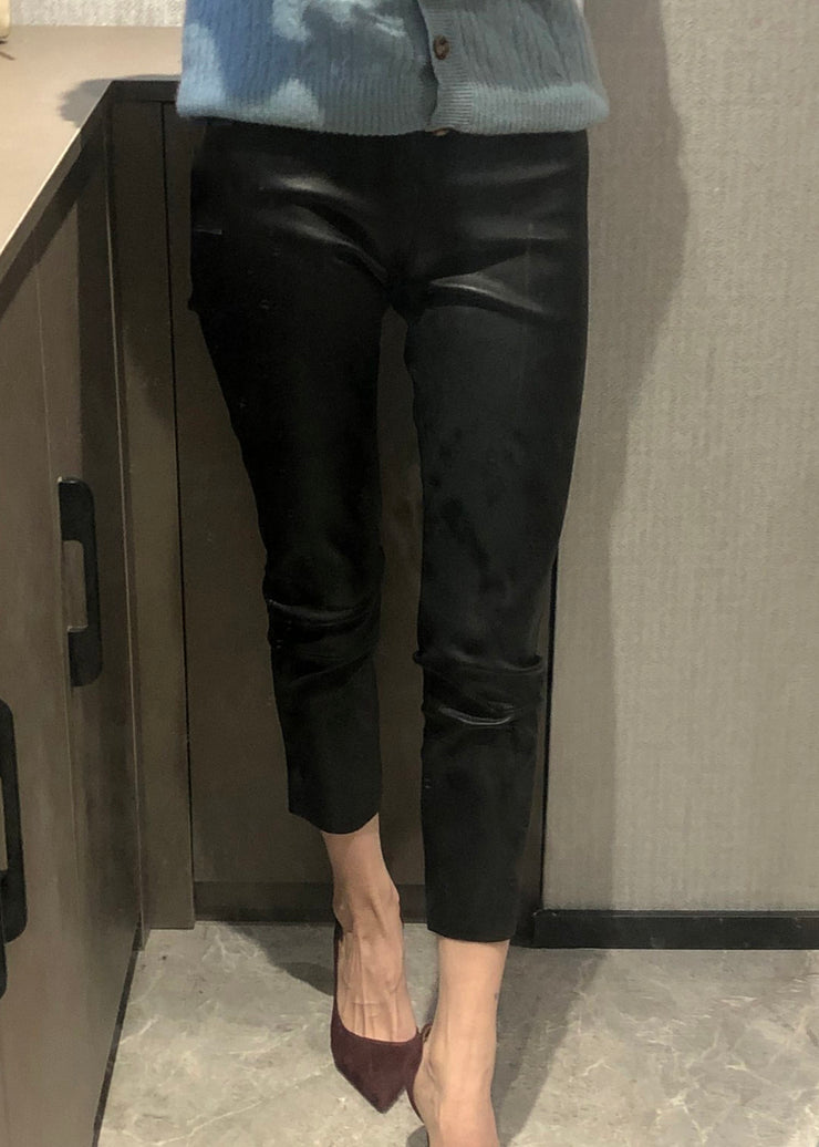 Fitted Black Patchwork Faux Leather Crop Pants Fall