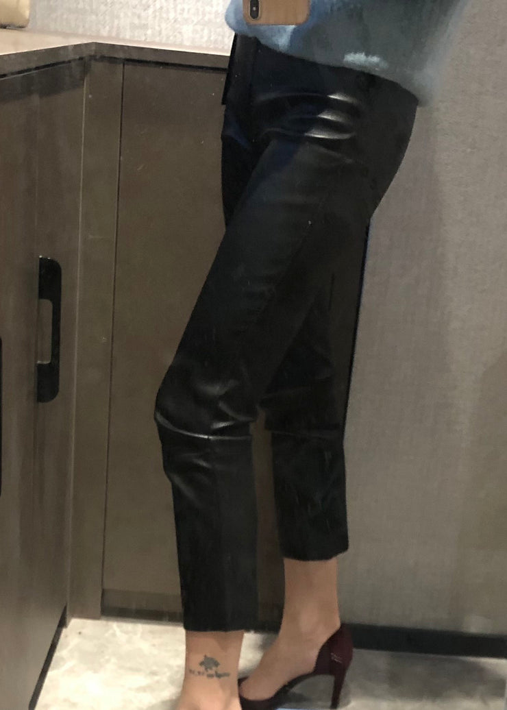 Fitted Black Patchwork Faux Leather Crop Pants Fall