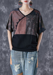 Fitted Black Patchwork Oversized Linen Shirt Top Summer