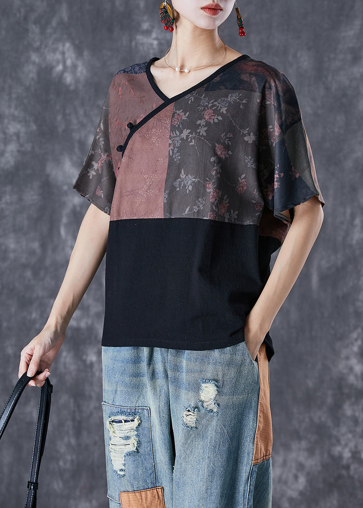 Fitted Black Patchwork Oversized Linen Shirt Top Summer