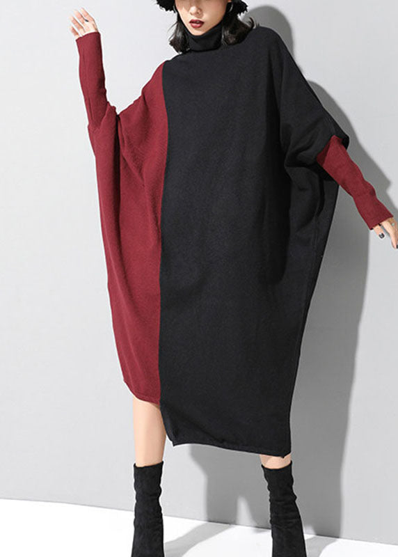 Tailliertes schwarzes Patchwork-rotes asymmetrisches Design Herbst-Winter-Pullover-Kleid