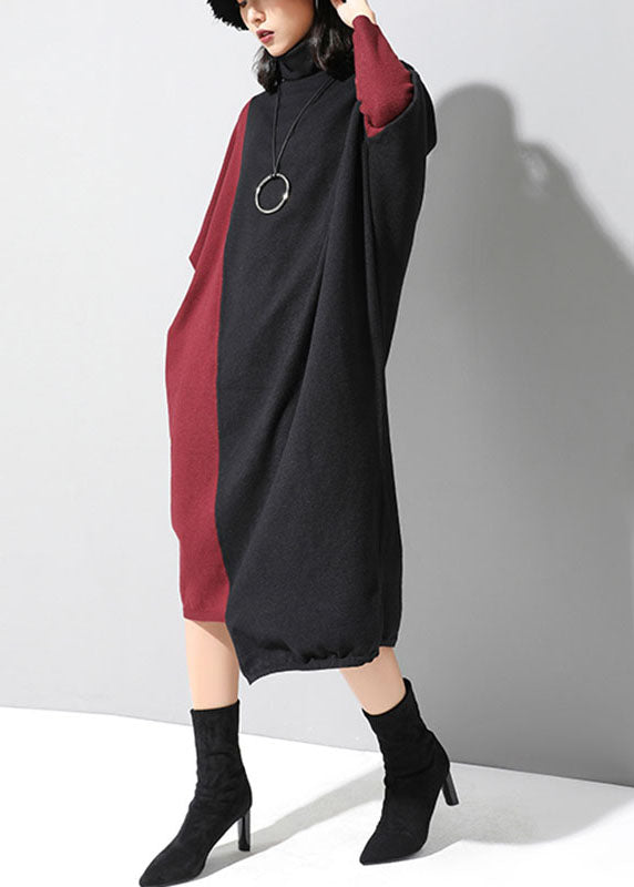 Tailliertes schwarzes Patchwork-rotes asymmetrisches Design Herbst-Winter-Pullover-Kleid